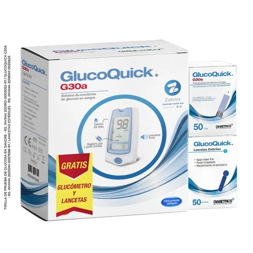 GLUCOMETRO GLUCOQUICK G30a + TIRILLAS LANCET 50 UNIDADES